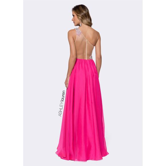 ASHLEYLAUREN Hot Pink Pleated Crystal Pearl Beaded One Shoulder Gown Size 8 - Picture 2 of 15